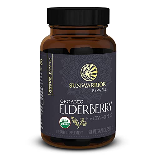 Sunwarrior Elderberry + Vitamin C for Women & Men Gluten Free Vitamins for Immune Support Promotes Digestive Health & Natural Immunity | Organic Be Well Elderberry Vegan Capsules with VIT C 30 CT