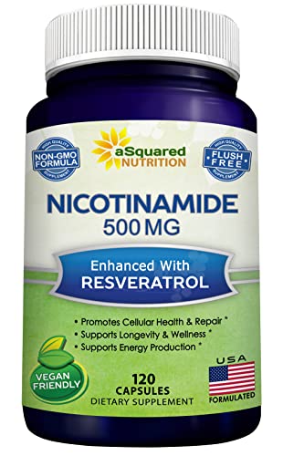 aSquared Nutrition Nicotinamide with Resveratrol - 120 Veggie Capsules - Vitamin B3 500mg (Niacinamide Flush Free) - Supplement Pills to Support NAD, Skin Cell Health & Energy