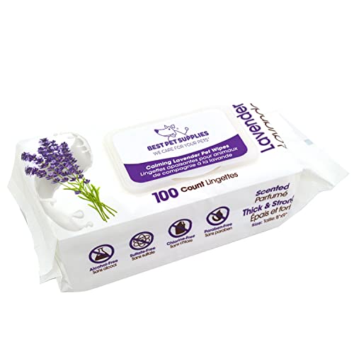 Best Pet Supplies Pet Grooming Wipes For Dogs & Cats, 100 Pack, Plant-Based Deodorizer For Coats & Dry, Itchy, Or Sensitive Skin, Clean Ears, Paws, Body, & Butt - Calming Lavender