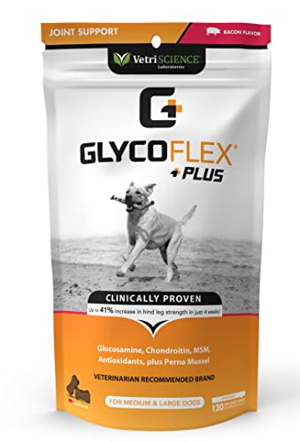 VETRISCIENCE Glycoflex Plus Clinically Proven Dog Hip and Joint Supplement with Glucosamine, Chondroitin, and MSM, Bacon, 120 Chews - Vet Recommended for Mobility Support for Medium and Large Breeds