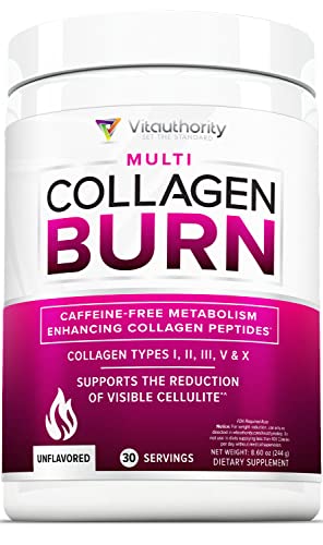 Multi Collagen Burn Multi-Type Hydrolyzed Collagen Protein Peptides with Hyaluronic Acid, Vitamin C, SOD B Dimpless, Types I, II, III, V and X Collagen, Olive Leaf Extract, Caffeine-Free, Unflavored