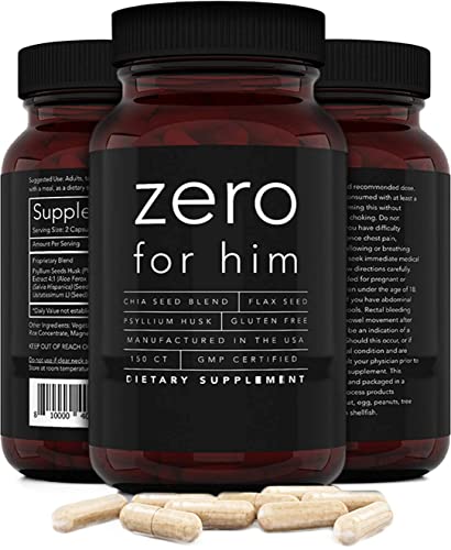 Zero for Him Dietary Fiber Supplement for Men (150caps) Strong Vegan Fiber Pills, Psyllium Husk, Flax Seeds and Chia Seeds Pure Supplement for Digestive Health, Men Seeking Clean and Fun Night