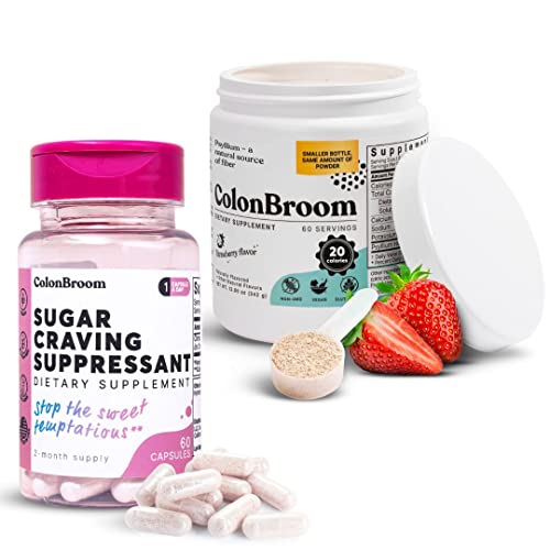 ColonBroom Psyllium Husk Powder Sugar Craving Suppressant - Chromium Picolinate 200mcg, 2 Items - Colon Cleanser Fiber Supplement (60 Servings) + Sugar Craving Suppressant (60 Servings)