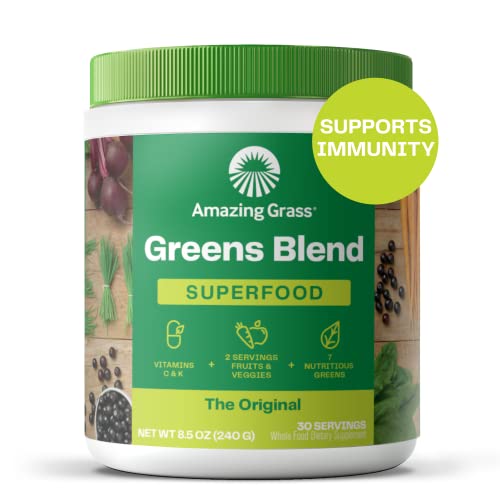 Amazing Grass Greens Blend Superfood: Super Greens Powder Smoothie Mix with Organic Spirulina, Chlorella, Beet Root Powder, Digestive Enzymes & Probiotics, Original, 30 Servings