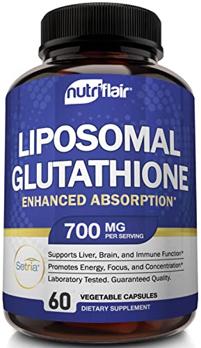 NutriFlair Liposomal Glutathione Setria® 700mg - Pure Reduced, Stable, Active Form L Glutathione reductase (GSH), Enhanced Absorption - Non GMO Antioxidant, Detox, Cardiovascular, Brain, Immune Health