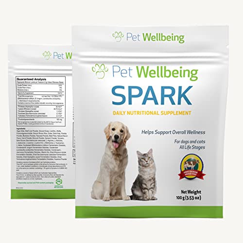 Pet Wellbeing Spark Daily Nutritional Greens Superfood for Cats and Dogs - with Probiotics, Digestive Enzymes, Amino Acids, Antioxidants, Vitamin D, Spirulina + More - 100 Grams