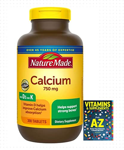 Nature Made Calcium 750 mg with Vitamin D3 and K, Dietary Supplement for Bone Support, 300 Tablets+Better Guide VITMINS Supplements