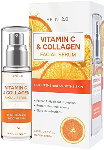 Skin 2.0 Vitamin C and Collagen Face Serum - Helps with Dark Spots & Acne, Fights Signs of Aging, Skin Brightening Facial Serum - Cruelty Free Korean Skincare For All Skin Types - 1.69 Fl. oz