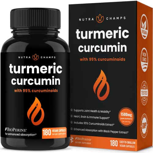 Turmeric Curcumin with BioPerine 1500mg - 180 Capsules with 95% Curcuminoids Extra Strength Supplement w Black Pepper Extract for Joint Health - Highest Potency