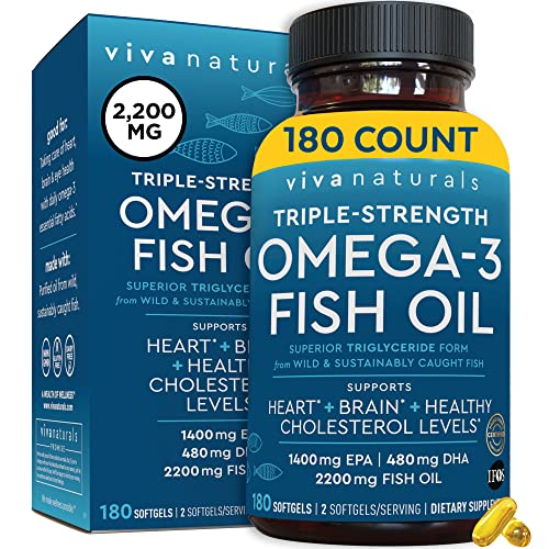 Viva Naturals Triple-Strength Wild Caught Fish Omega-3 Fish Oil with EPA and DHA Supplement, 2200 mg Omega 3 Fatty Acids per Serving, 180 Softgels