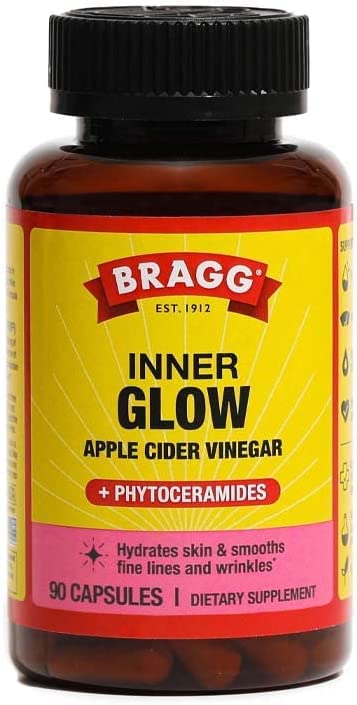 Bragg Inner Glow Apple Cider Vinegar and Phytoceramide Capsules - 750mg of Acetic Acid – Energy & Weight Management Support - Promotes Skin Hydration and Rejuvenation - (90 Pills)