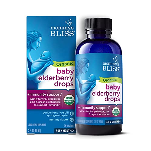 Mommy's Bliss Organic Baby Elderberry Drops, Immune Support with Vitamins, Prebiotics, Zinc & Organic Echinacea, Age 4 Months +, 3 Fl Oz (36 Servings)