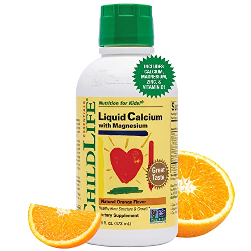 ChildLife Essentials Liquid Calcium Magnesium Supplement - Supports Healthy Bone Growth for Children, Contains Calcium, Magnesium, Zinc, & Vitamin D3, All-Natural, Gluten Free & Non-GMO - Natural Orange Flavor, 16 Ounce Bottle