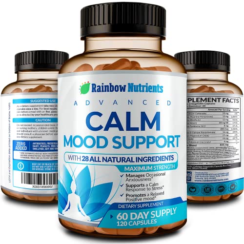 28 in 1 Calm Mood Support Supplement- Natural Happy Pills for Occasional Anxiousness & Stress, Worry Feelings, Relaxation, Mental Clarity | Max Sleep & Mood Support for Women & Men|120 Vegan Capsules