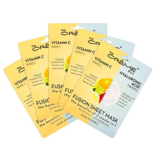 The Crème Shop - Vitamin C & Hyaluronic Acid Fusion Full Face Masks, Korean Facial Skin Care and Moisturizer - Hydrating, blackhead remover, scar cream Natural Beauty Essence - 5 Sheets Set