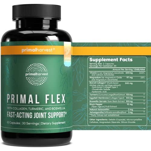 Primal Harvest Primal Flex Joint Supplement with Collagen, Turmeric, Boswellia and Ashwagandha (1 Bottle)