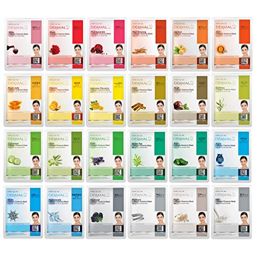 DERMAL 24 Combo Pack A Collagen Essence Korean Face Mask - Hydrating and Soothing Facial Mask with Panthenol - Hypoallergenic Self Care Sheet Mask for All Skin Types - Natural Home Spa Treatment Masks