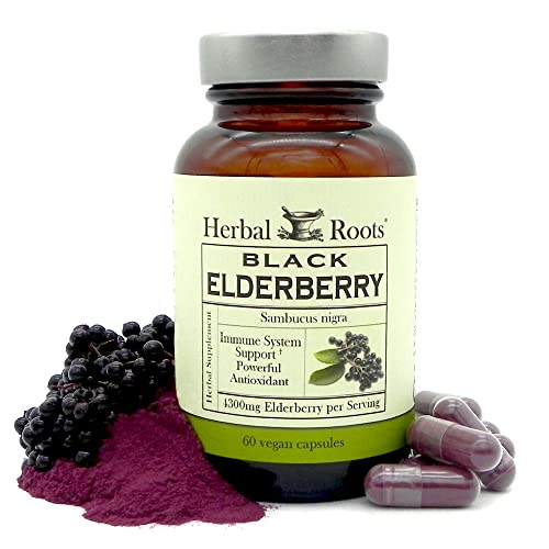 Herbal Roots Black Elderberry Capsules | Max Strength 4,300mg | Made with Organic Sambucus | Vegan and Pure - Made in The USA