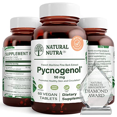 Natural Nutra Pycnogenol Supreme French Maritime Pine Bark Extract Supplement, Blood Circulation and Joint, Immune Support Supplements for Men and Women, 60 Vegan Tablets 50mg