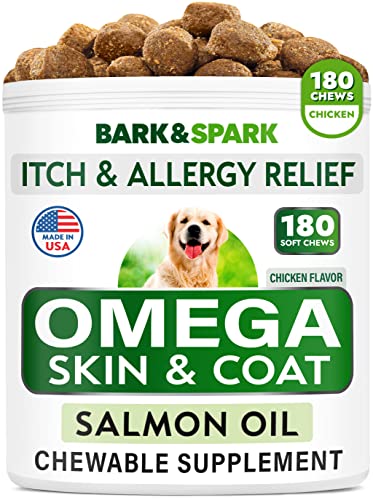 Bark&Spark Omega 3 for Dogs - 180 Fish Oil Treats for Dog Shedding, Skin Allergy, Itch Relief, Hot Spots Treatment - Joint Health - Skin and Coat Supplement - EPA & DHA Fatty Acids - Salmon Oil