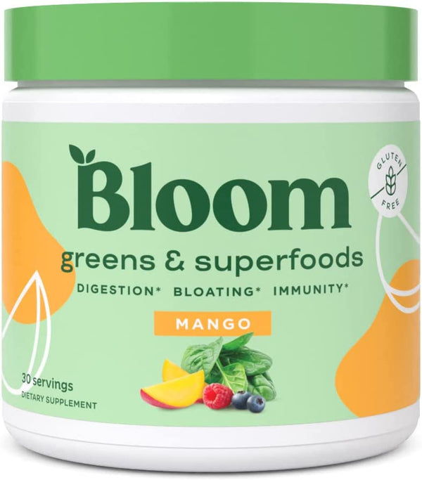 Bloom Nutrition Green Superfood | Super Greens Powder Juice & Smoothie Mix | Complete Whole Foods (Organic Spirulina, Chlorella, Wheat Grass), Probiotics, Digestive Enzymes, & Antioxidants (Mango)