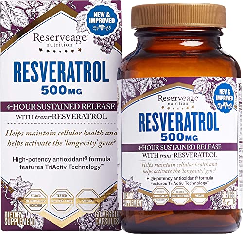 Reserveage, Resveratrol 500 mg, Antioxidant Supplement for Heart and Cellular Health, Supports Healthy Aging, Paleo, Keto, 60 Capsules