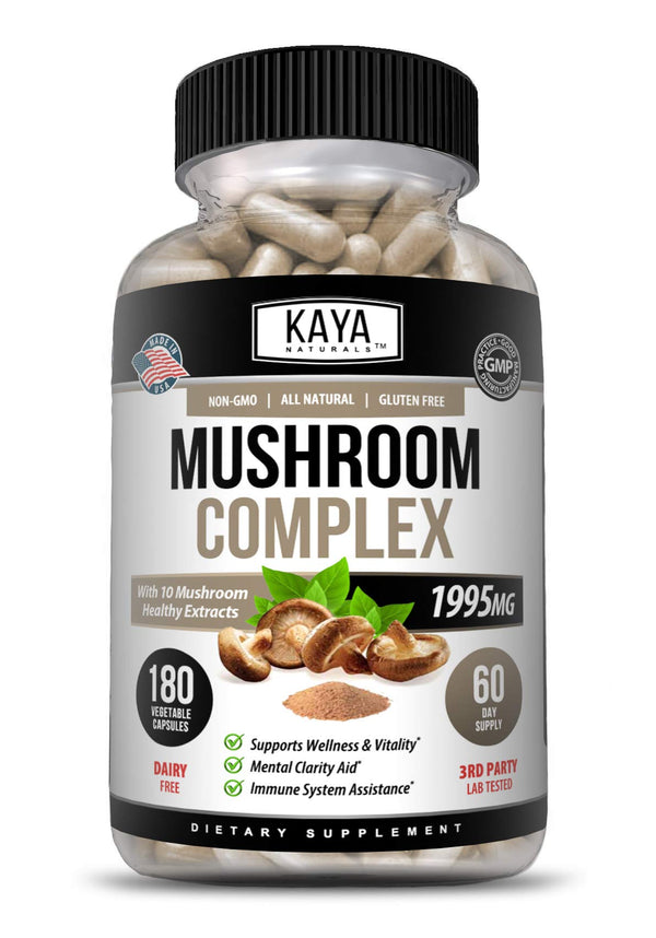 Kaya Naturals Premium Mushroom Complex Potent | Organic Mushroom Supplement| Mushroom Complex Capsules 1995mg Per Serving - Aids Mental Clarity Supports Immune System, Wellness & Vitality | 180 Count