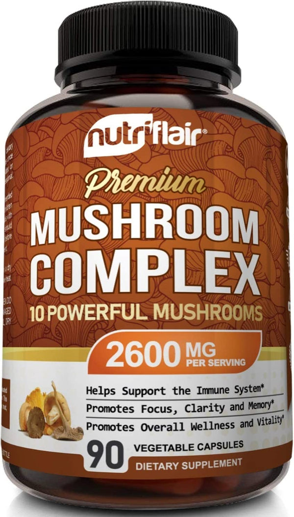 NutriFlair Mushroom Supplement 2600mg, 90 Capsules - 10 Mushrooms Blend - Reishi, Lions Mane, Cordyceps, Chaga, Turkey Tail, Maitake, Shiitake, Oyster Nootropic Complex - Brain, Energy, Focus Pills