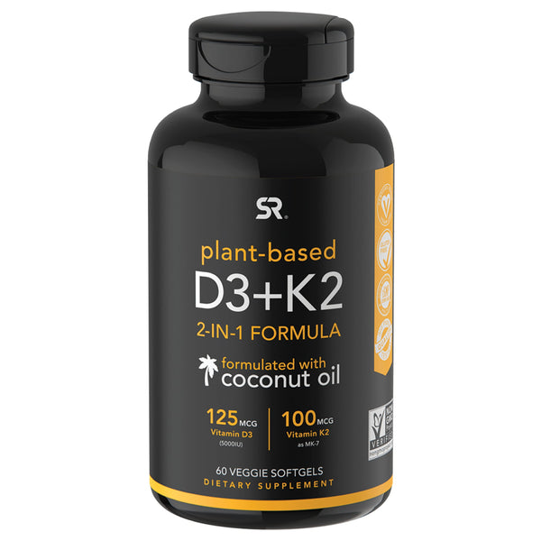 Sports Research Vegan Vitamin D3 + K2 with Organic Coconut Oil - 5000iu Vitamin D, 100mcg Mk7 Vitamin K - Supports Bone & Immune Health - 60 Softgels