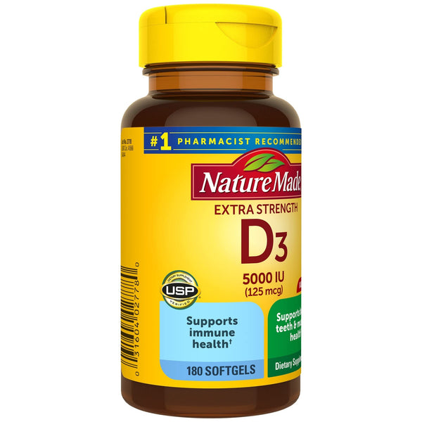 Nature Made Extra Strength Vitamin D3 5000 IU (125 mcg), Dietary Supplement for Bone, Teeth, Muscle and Immune Health Support, 180 Softgels, 180 Day Supply