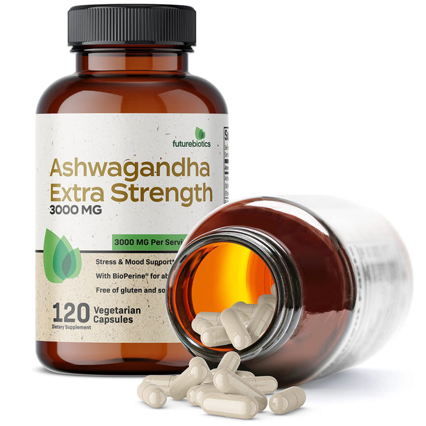 Futurebiotics Ashwagandha Capsules Extra Strength 3000mg - Stress Relief Formula, Natural Mood Support, Stress, Focus, and Energy Support Supplement, 120 Capsules