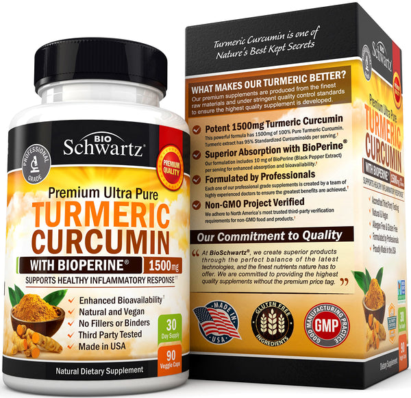 Turmeric Curcumin with BioPerine 1500mg - Natural Joint & Healthy Inflammatory Support with 95% Standardized Curcuminoids for Potency & Absorption - Non-GMO, Gluten Free Capsules with Black Pepper.